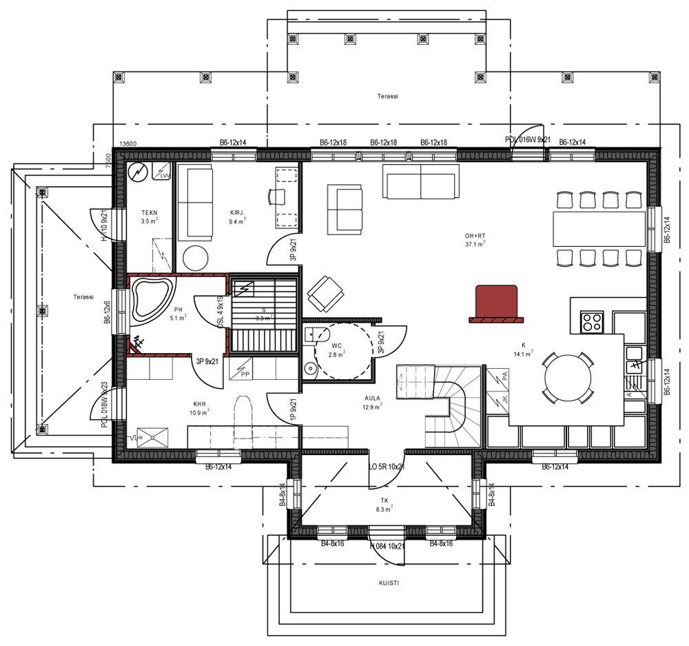 Arkitektonisk plantegning av et hus med flere rom, inkludert stue, kjøkken og soverom.