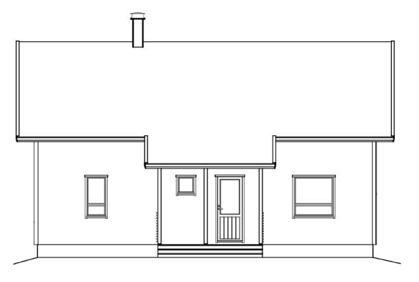 Linjetegning av et enetasjes hus med skorstein og overbygd inngang med dør.