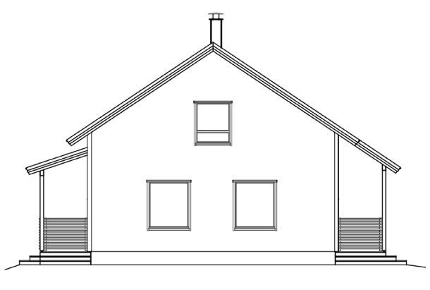 Sidevisning av et hvitt hus med skråtak, skorstein, vinduer og veranda.
