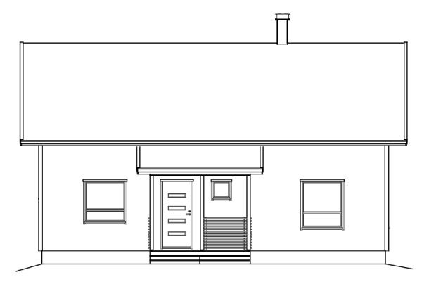 Frontfasade av et enetasjes hus med overbygd veranda, dør, vinduer og skorstein.