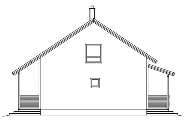 Sidevisning av et hvitt hus med saltak, veranda og skorstein. To vinduer.
