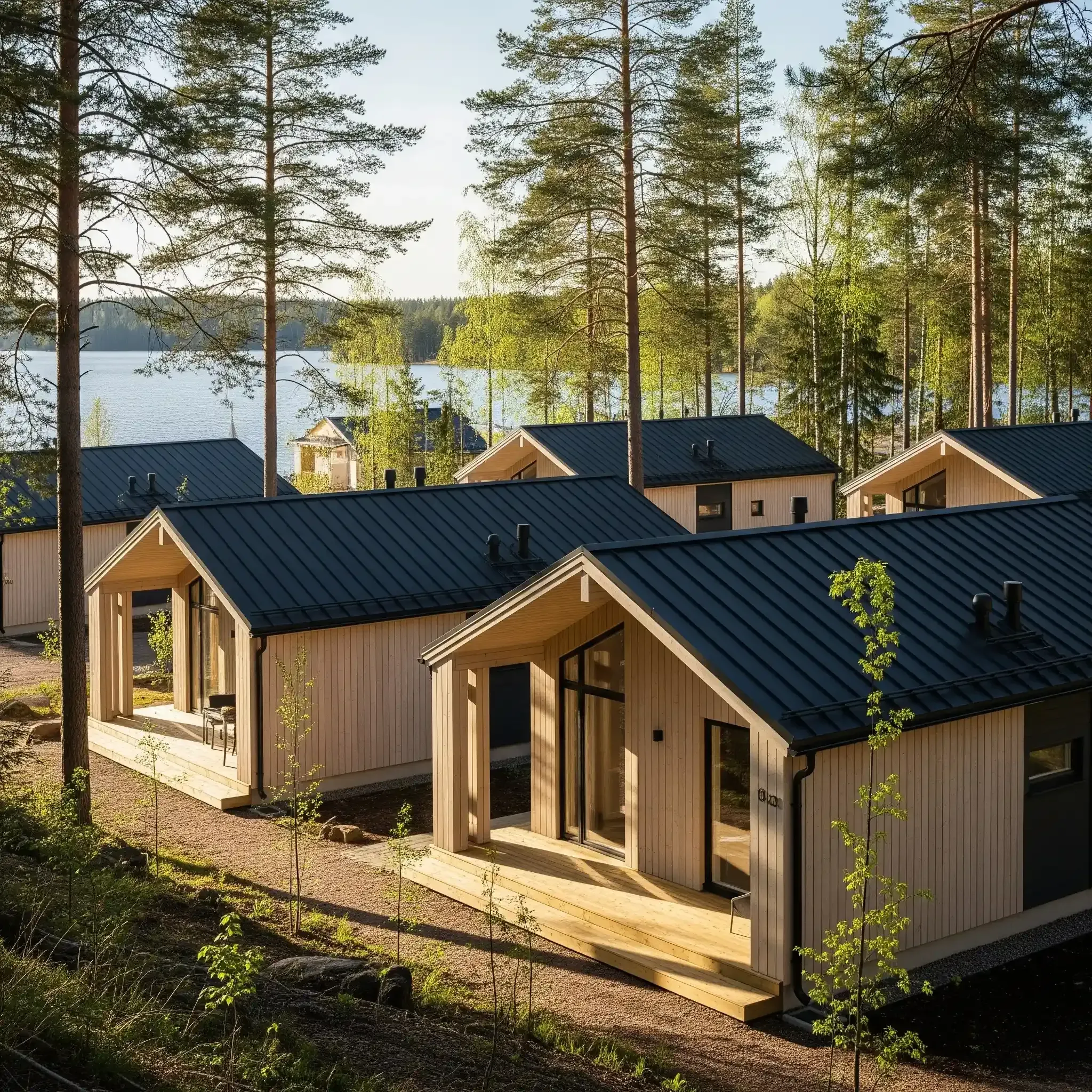 Hirsimökkikylä järven rannalla mäntyjen keskellä