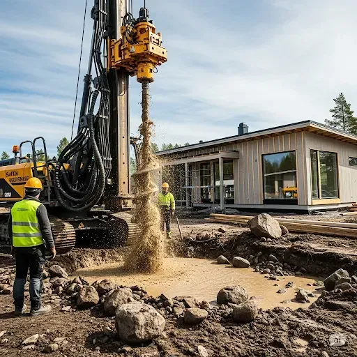 En borrigg borrar en energibrunn för bergvärme på en villatomt; typiskt brunnsdjup är 150–200 meter.