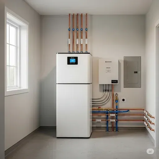 Moderni maalämpöpumppu asennettuna siistiin tekniseen tilaan.