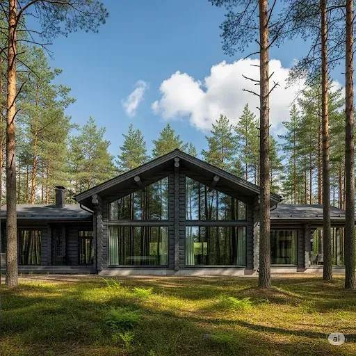 Modernt timmerhus med stora fönster, slät kantprofil och flackt sadeltak på en sommargrön egnahemstomt.
