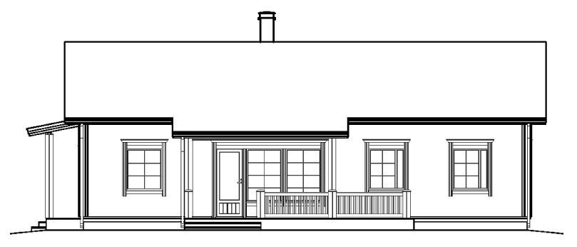 Høydeutsikt over et hvitt hus med veranda, vinduer og skorstein.