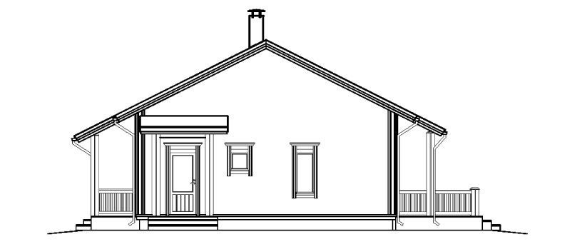 Oppriss av et lite hus med saltak, veranda og pipe.