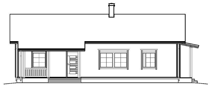 Fasadetegning av en bungalow med veranda, vinduer og skorstein.
