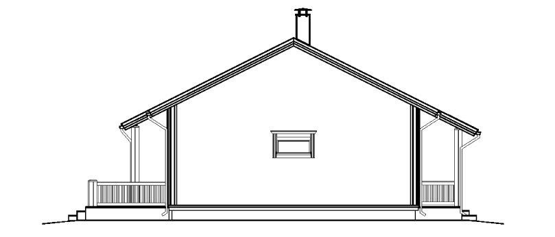 Arkitektonisk tegning fra siden av et hus med saltak, veranda og skorstein.