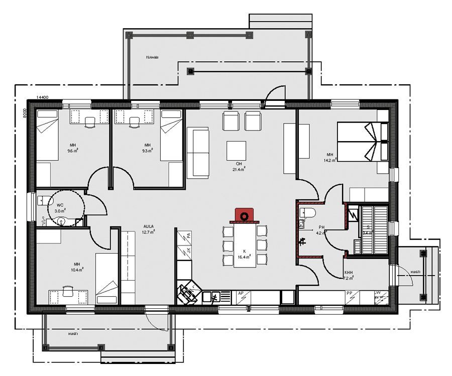 Plantegning av et hus, inkludert rom, møbler og uteområder. Grå vegger med svarte konturer.