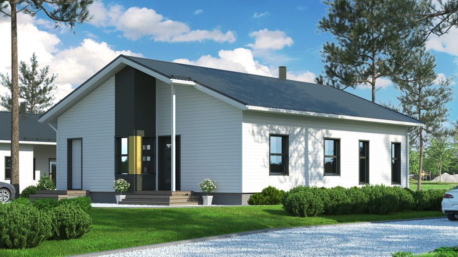 Современный белый дом с темной крышей и акцентами; подъездная дорога, зеленый газон, кустарники, деревья.