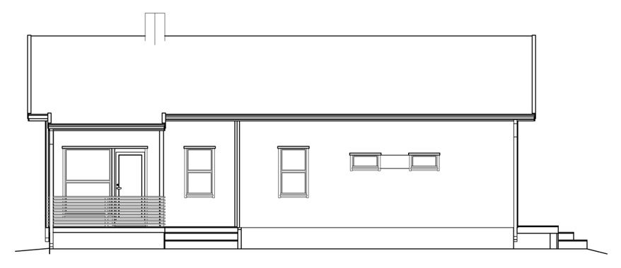 Sidevisning av et hus med veranda, vinduer, skorstein og trapper som fører opp.