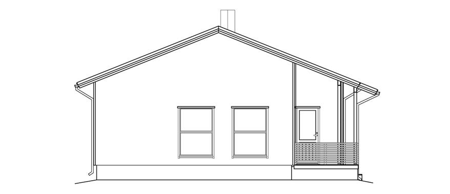Svart-hvitt linjetegning av et hus med saltak, vinduer, veranda og skorstein.