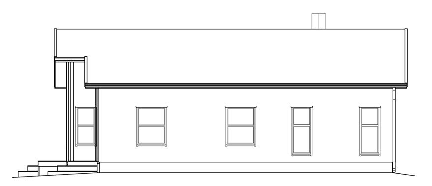 Arkitektonisk tegning fra siden av et enkelt hvitt hus med flere vinduer, en skorstein og et flatt tak.