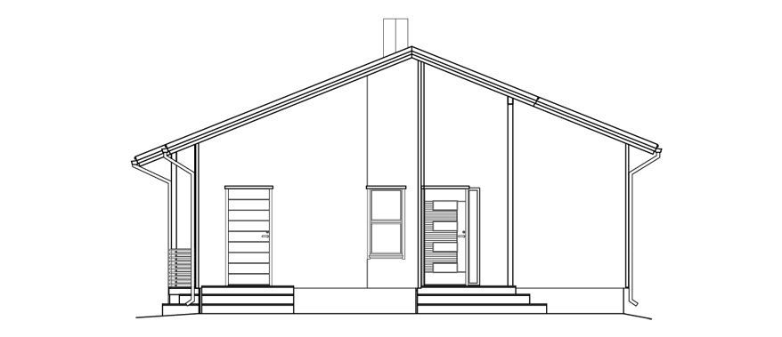 Arkitektonisk tegning av et hus med saltak, veranda og skorstein.