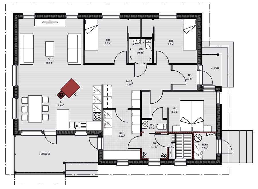 Plantegning av et hus med stue, soverom, kjøkken og trapper.