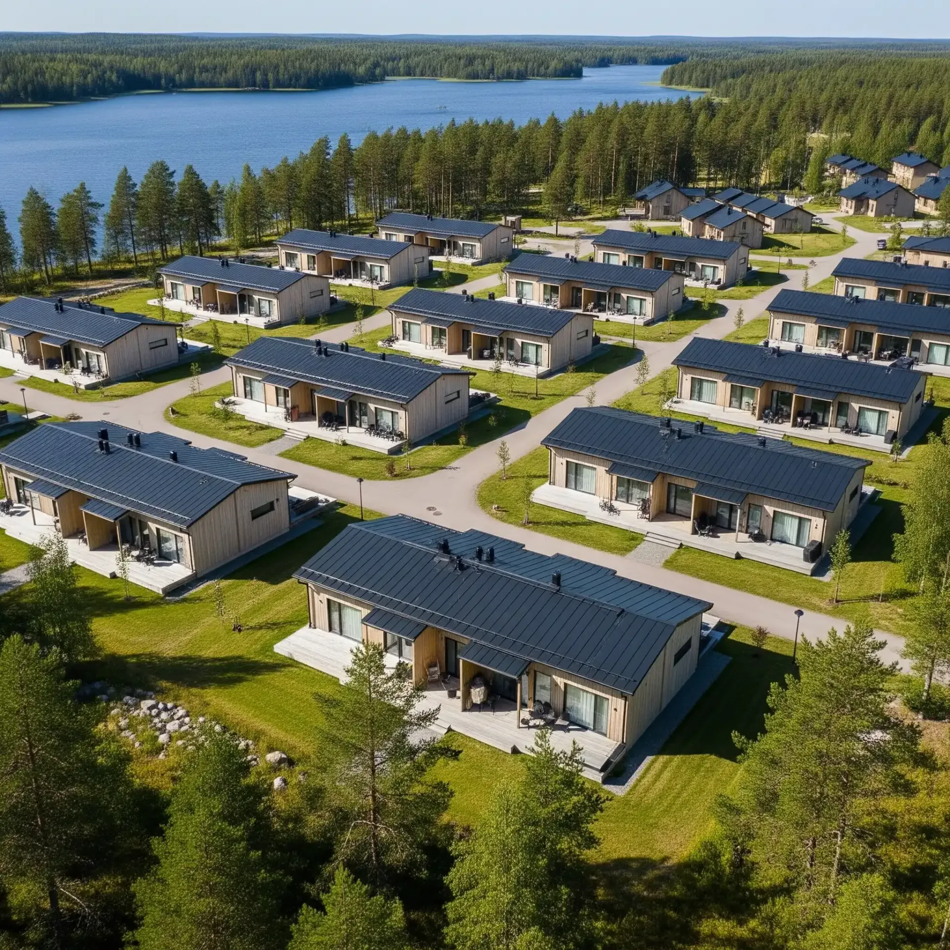 Ilmakuva moderneista mökeistä, joissa on tummat katot ja vaaleat seinät, lähellä järveä vihreässä metsässä.