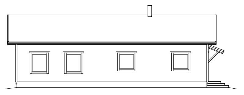 Linjetegning av et enetasjes hus med fire vinduer og en skorstein. En liten veranda er til høyre.