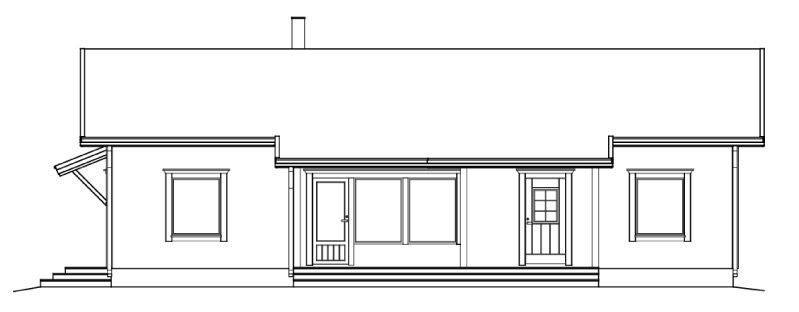 Fasadetegning av et hus med veranda, vinduer og pipe.