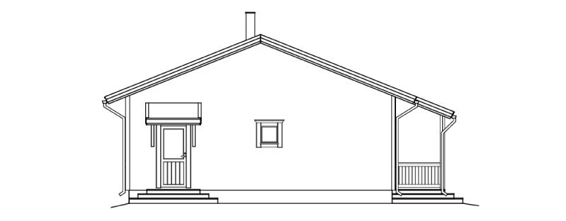 Arkitektonisk tegning av et hus med saltak, veranda og pipe.