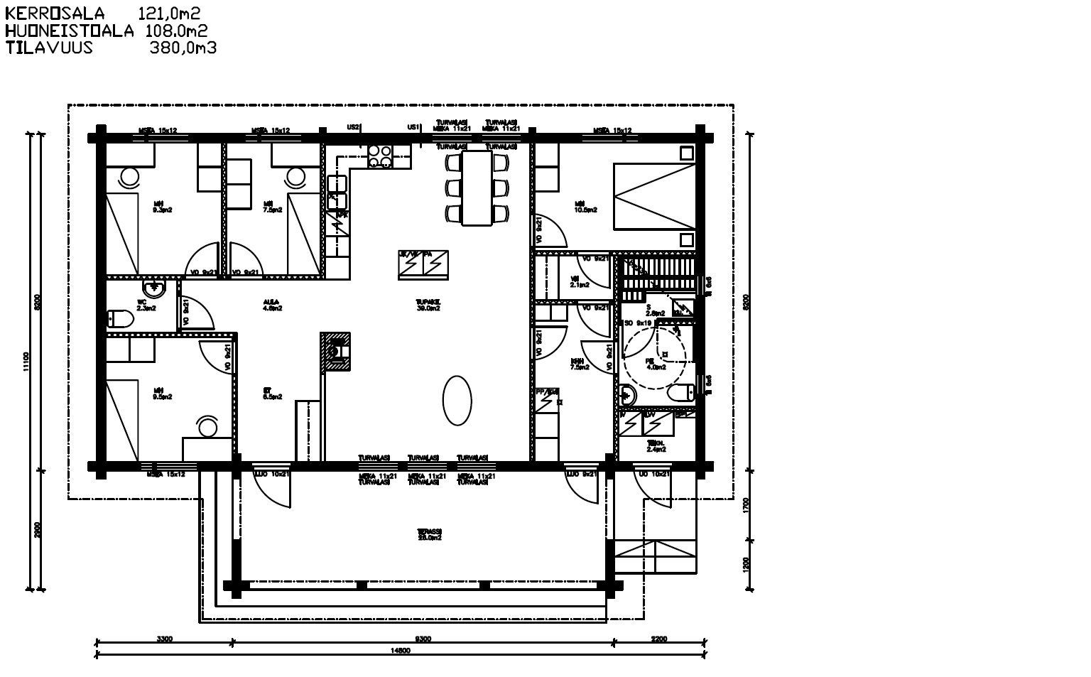 Grundriss eines Hauses mit mehreren Räumen, darunter Schlafzimmer, Küche und Wohnbereich.