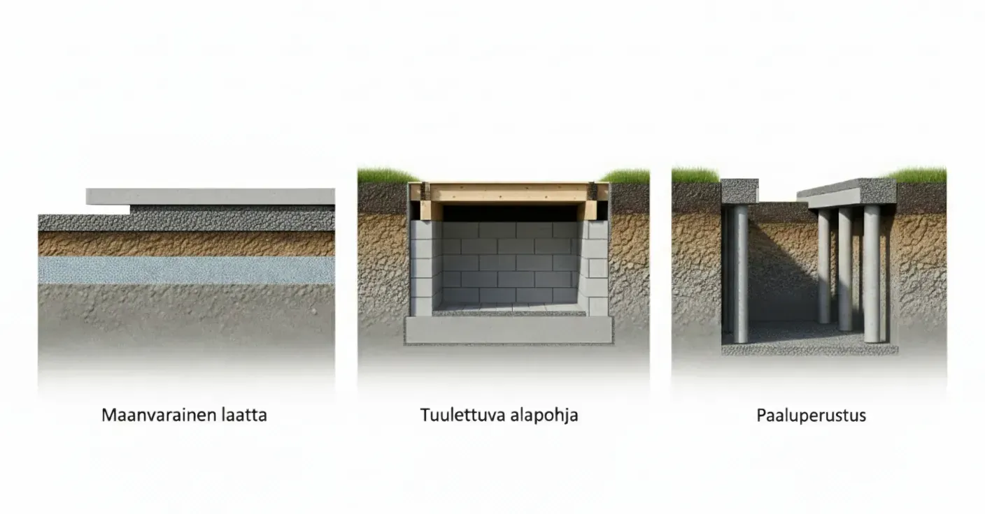 Illustration av grundtyper för villa: platta på mark, ventilerad krypgrund med grundmur och pålgrund på lös mark.