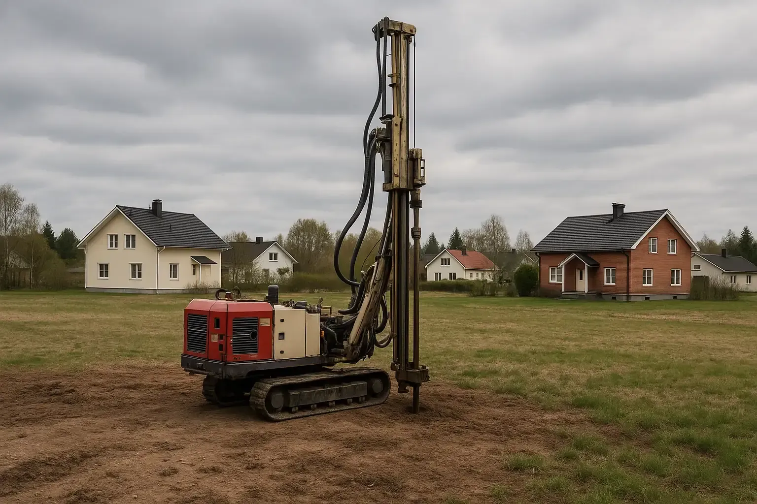Borrvagn utför geoteknisk undersökning på en villatomt, där markens bärighet klarläggs med viktsondering före byggstart.