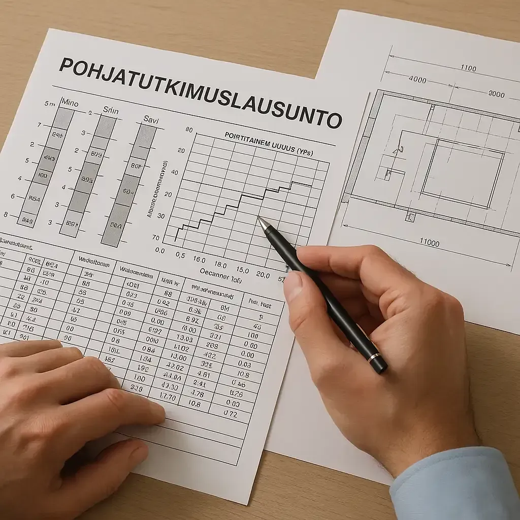 Insinööri tarkastelee pohjatutkimuslausuntoa ja vertaa sitä rakennuksen perustusten suunnitelmiin.