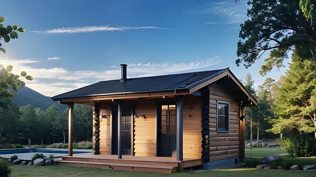 Trästuga med mörkt tak, veranda, skorsten och omgivande träd, mot en blå himmel.