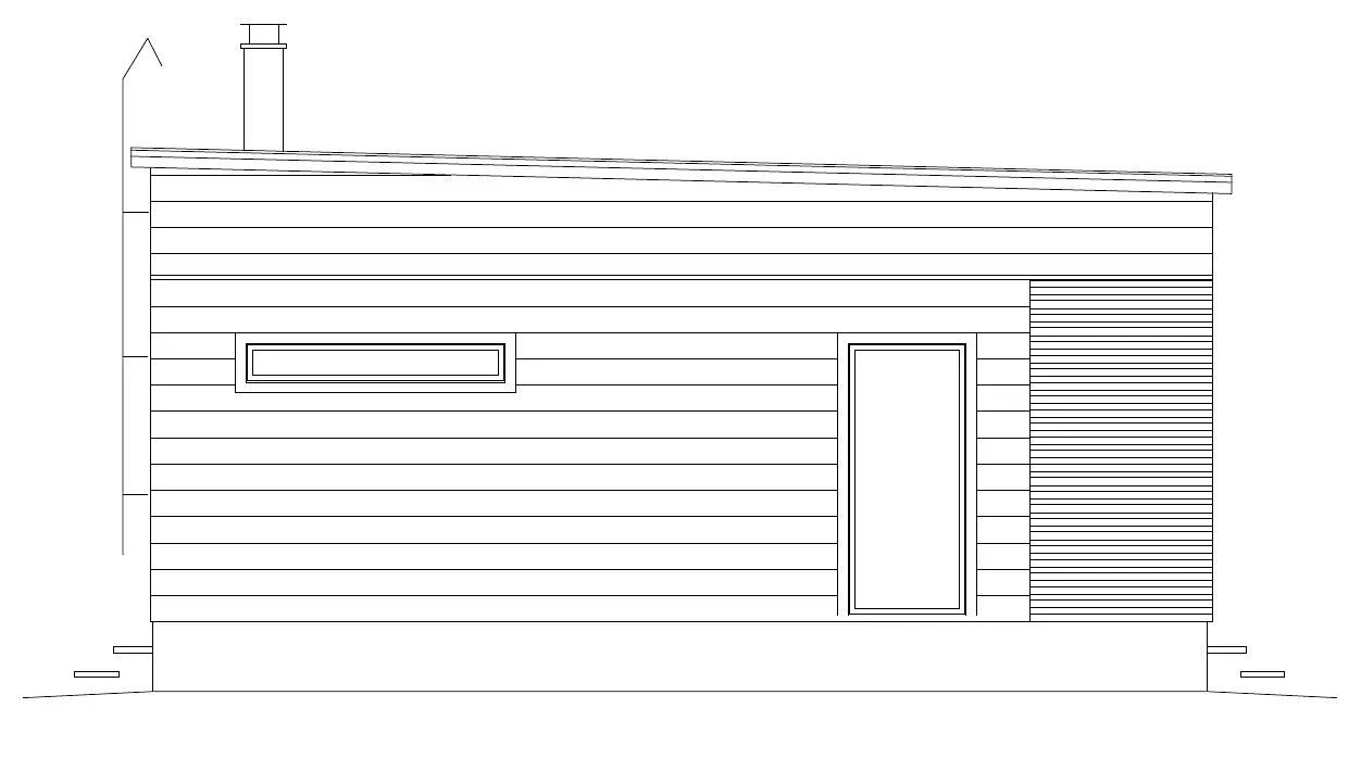 Eine Seitenansichtsskizze eines modernen einstöckigen Gebäudes mit rechteckigem Fenster und Tür. Horizontale Verkleidung.