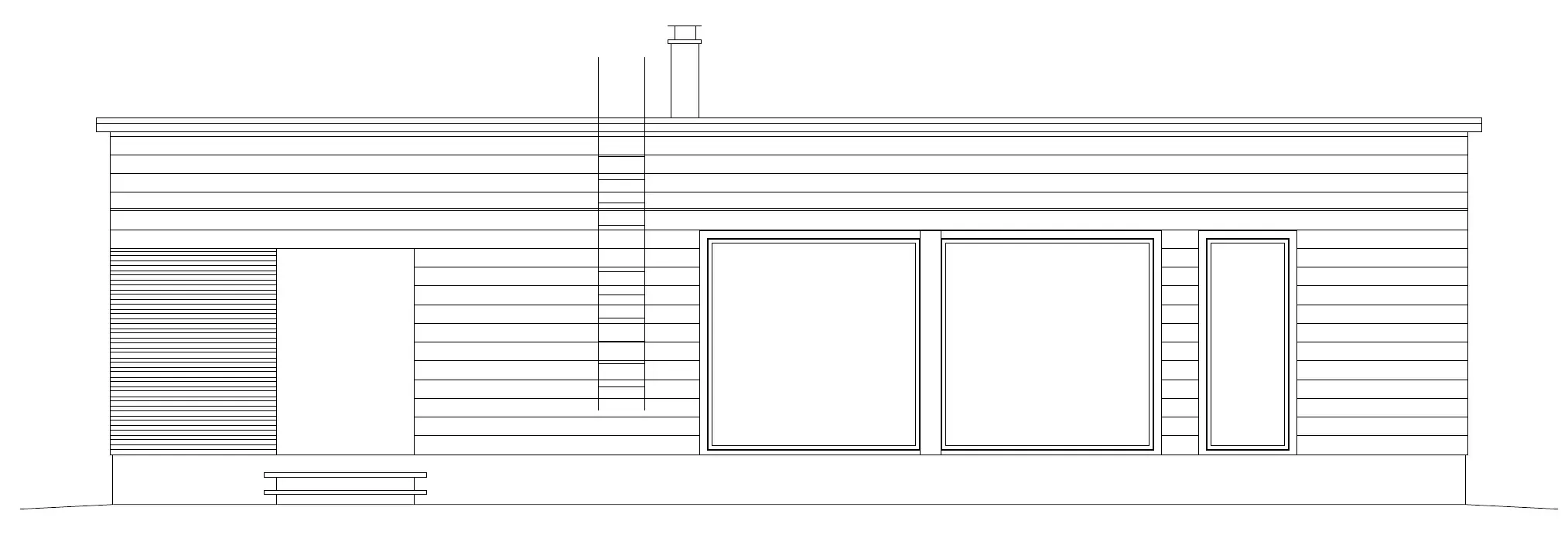 Architektonische Ansicht: einfache weiße Gebäudefassade mit rechteckigen Öffnungen und Leiter.
