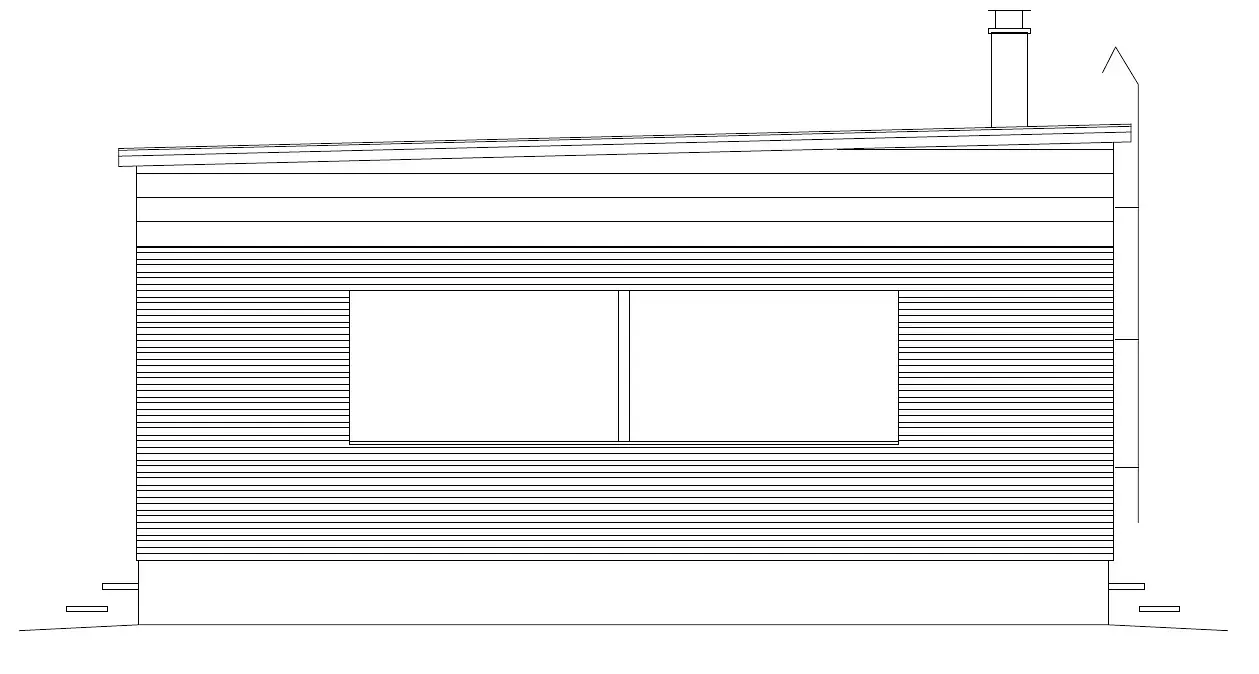 Seitenansicht eines Gebäudes mit horizontalen Linien, zwei rechteckigen Fenstern und einem schrägen Dach.