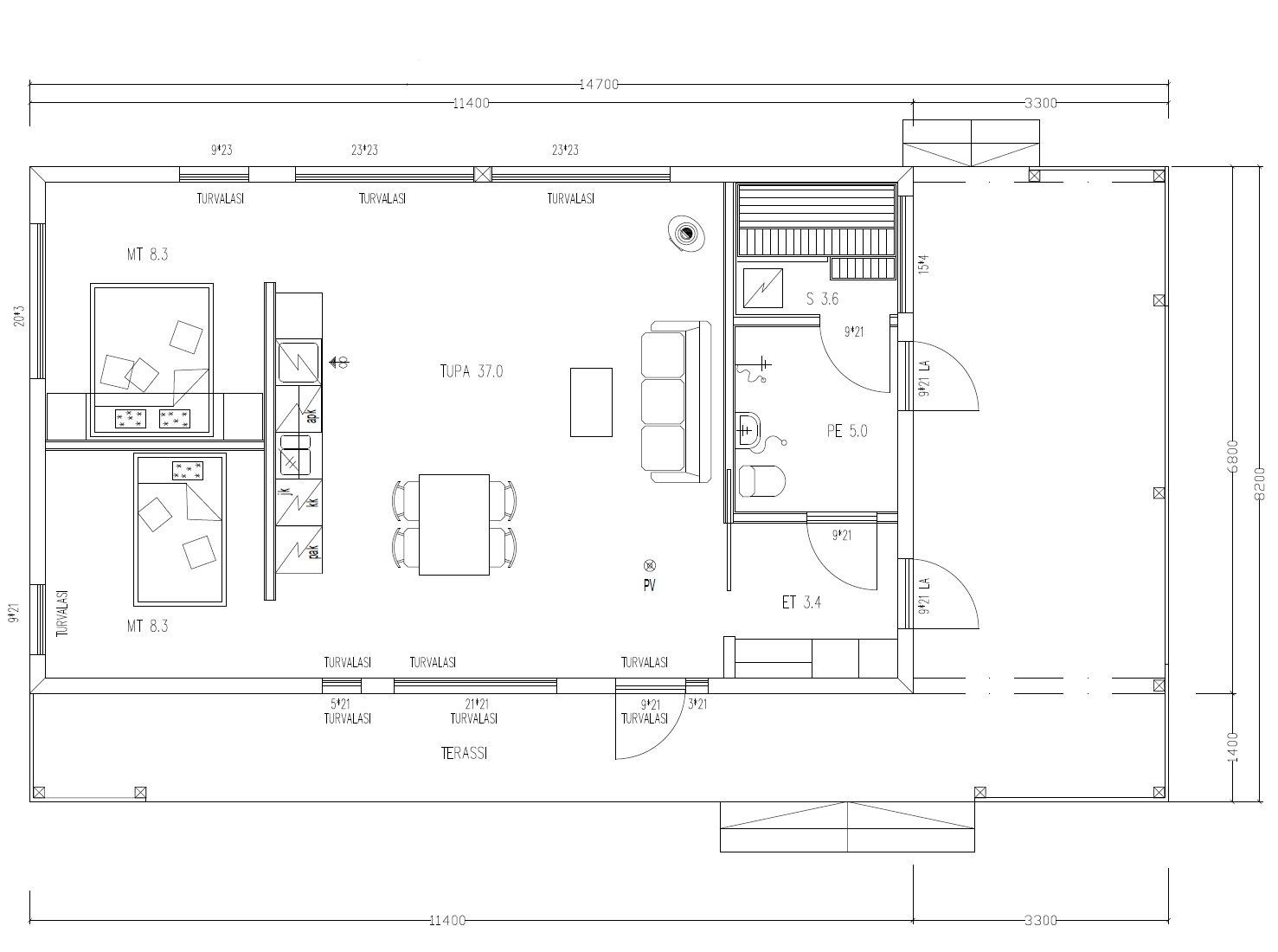 Grundriss einer Gewerbefläche mit offenem Bereich, Toiletten und Ladeneinrichtungen.