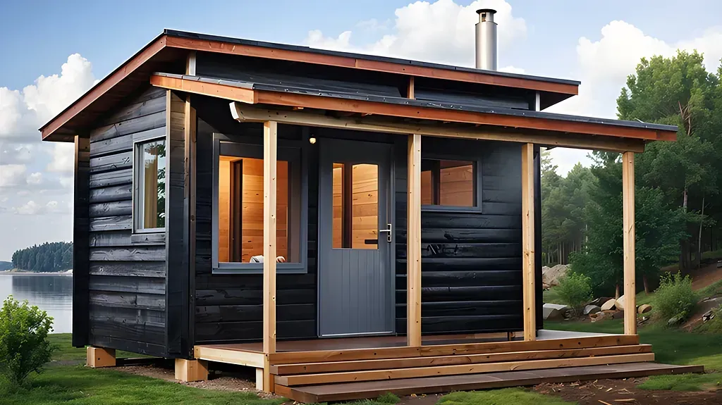 Svart stuga med veranda, vid en sjö, belägen i ett gräsbevuxet område med träd.