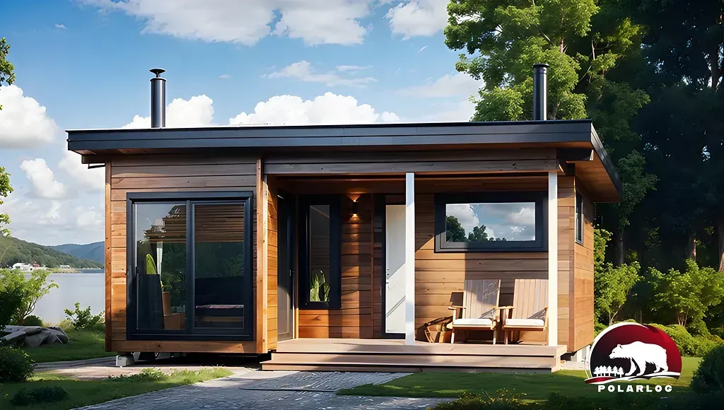 Liten trästuga med mörka lister, skjutdörr i glas och veranda med utsikt över en sjö.