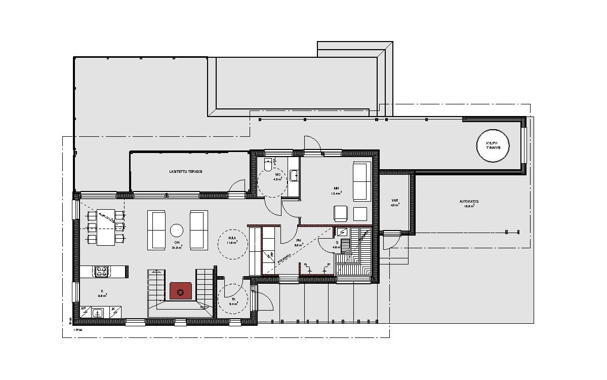 Plantegning av et moderne hus med flere rom, inkludert en stue, soverom og et kjøkken, med grå vegger.