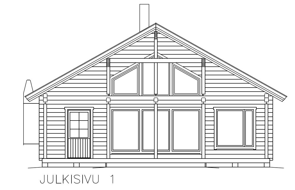 Svart-hvitt-tegning av et trehus med saltak, vinduer og skorstein.
