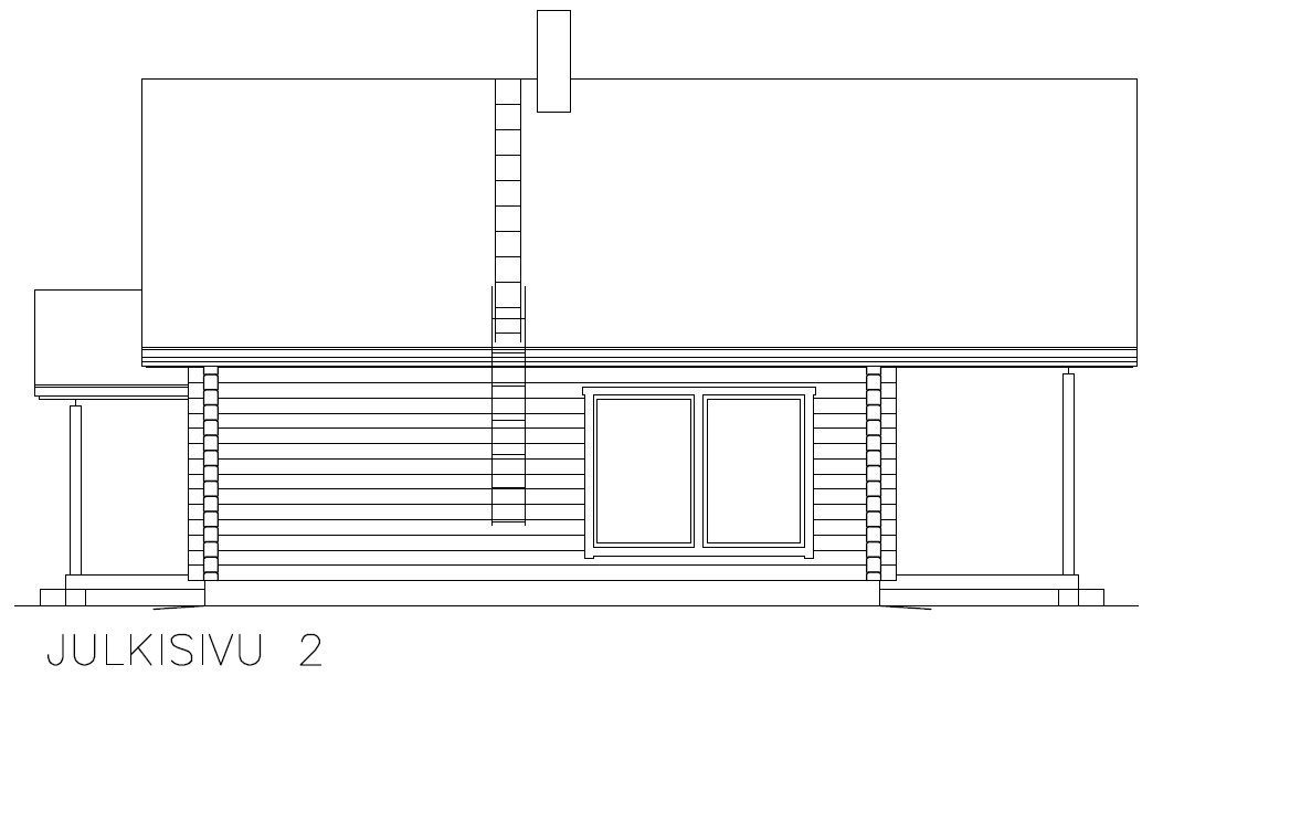 Arkitektonisk tegning av en bygnings fasade, som viser linjer og former som representerer vegger, åpninger og tak.