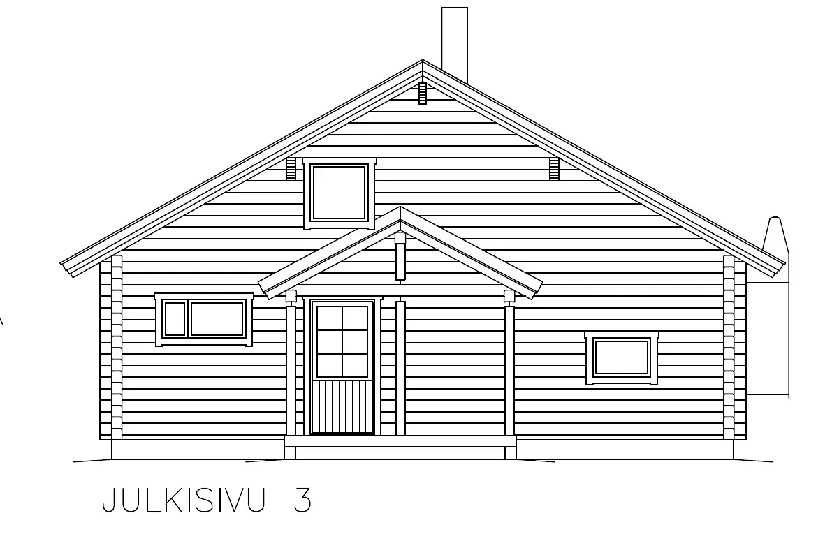 Linjeritning av en stuga med sadeltak, skorsten och fönster.