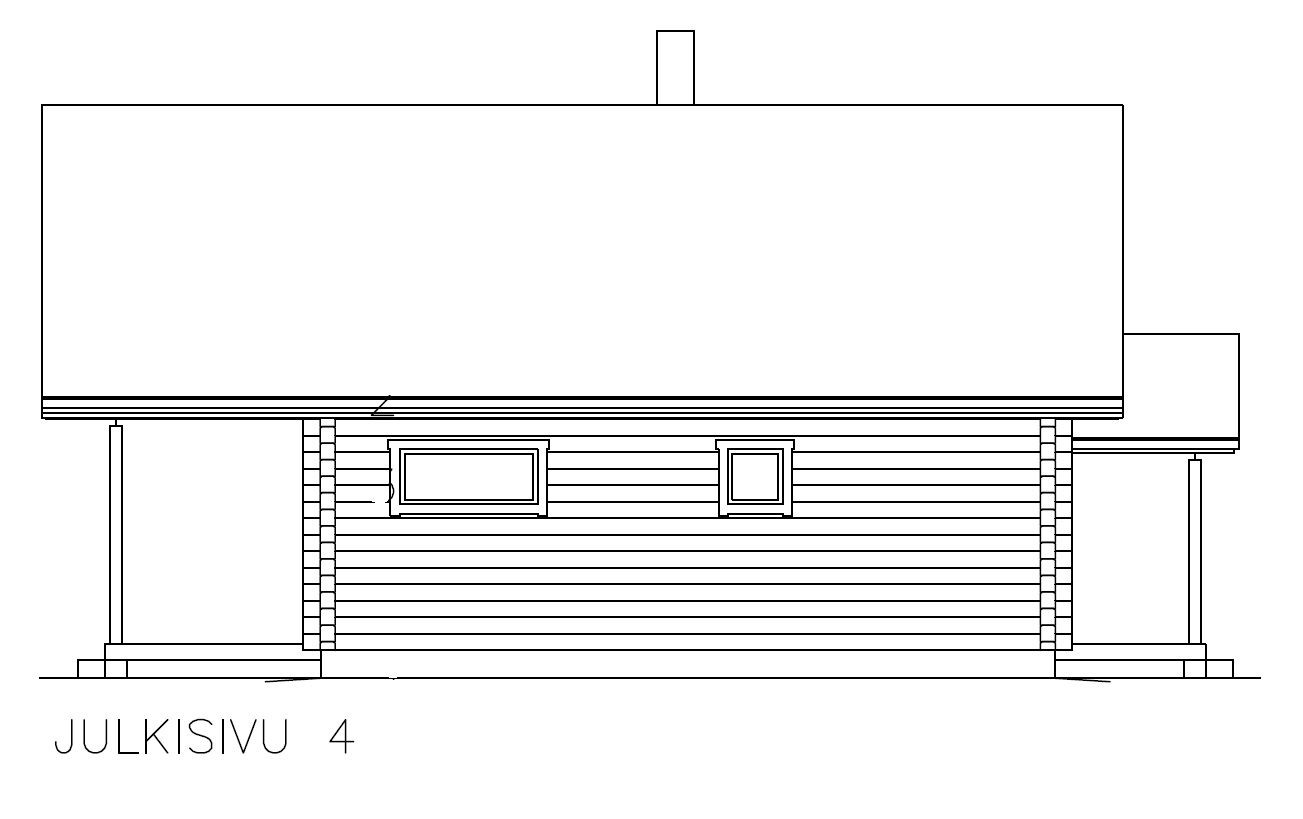 Arkitektonisk oppriss av en horisontal tømmerhytte med skorstein og verandastøtter.