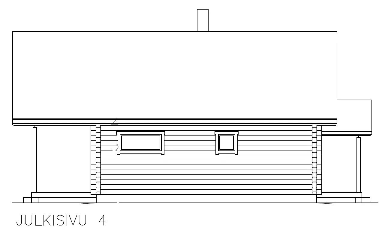 Arkitektonisk ritning av en byggnads sidovy, som visar tak, skorsten, horisontell fasadbeklädnad och fönster.