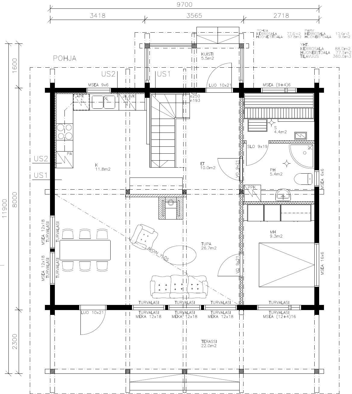 Arkitektonisk plantegning av et lite hus med merkede rom, med dimensjoner og konstruksjonsdetaljer.