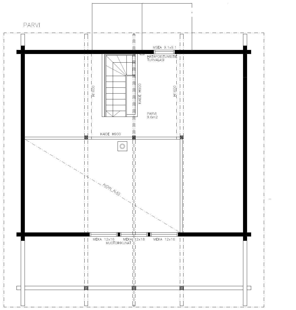 Arkitektonisk plantegning av en toetasjes bygning med trapper. Svarte linjer representerer vegger, vinduer og dører.