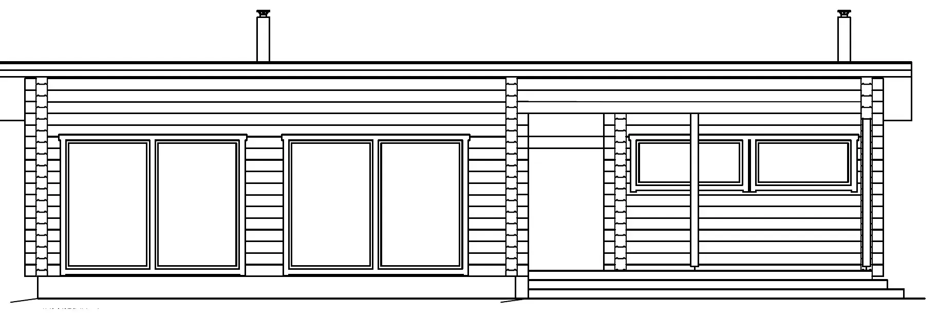 Architekturzeichnung eines Holzgebäudes mit großen Fenstern und einem Schornstein.