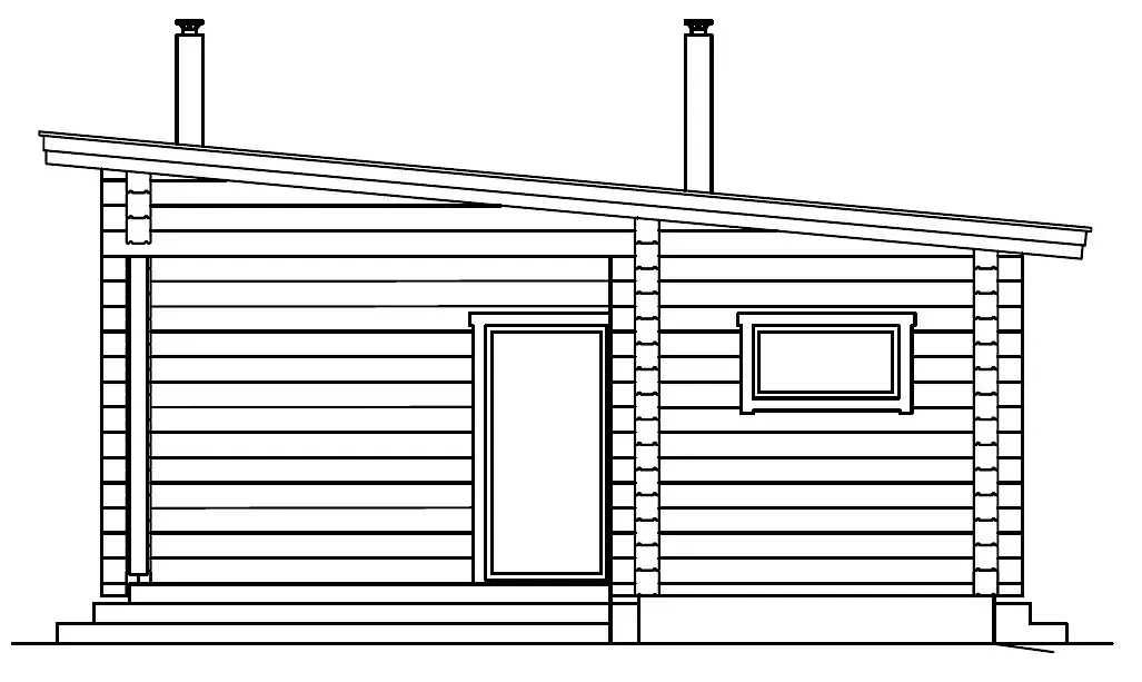 Eine rustikale Holzhütte mit schrägem Dach, Tür, Fenster und zwei Schornsteinen.