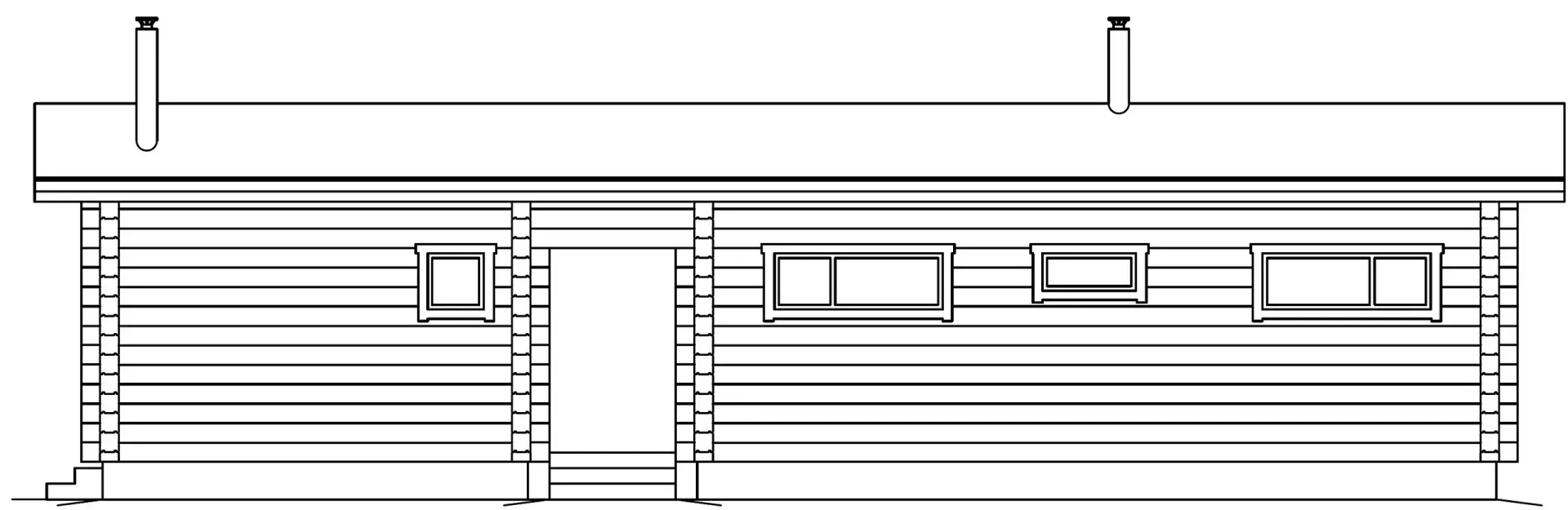 Eine Graustufen-Architekturzeichnung eines einstöckigen Gebäudes mit Flachdach, kleinem Fenster und Tür.