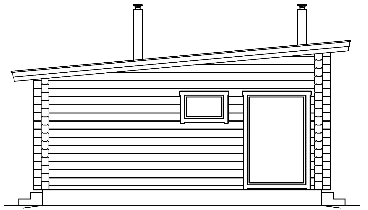 Seitenansicht einer Blockhütte mit schrägem Dach, Fenster, Tür und zwei Schornsteinen.