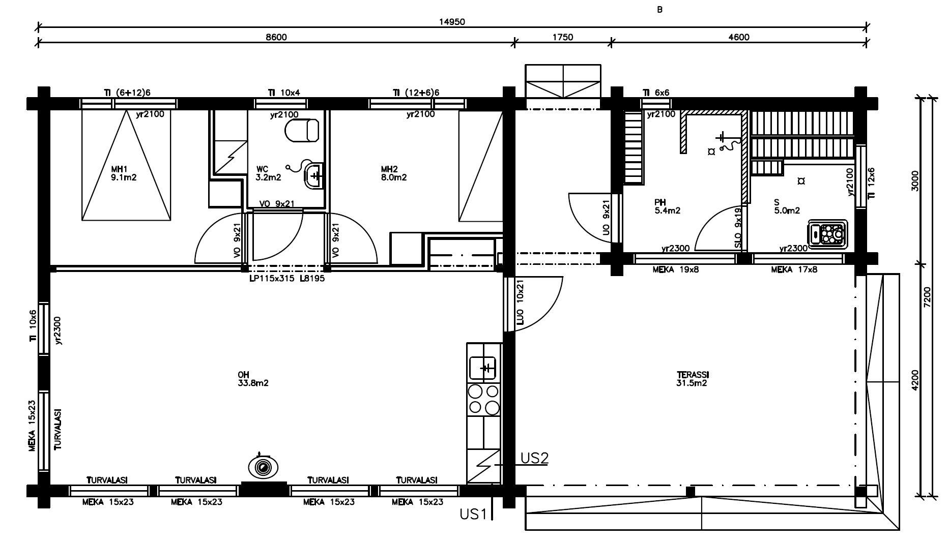Grundriss mit beschrifteten Räumen, darunter Schlafzimmer, Badezimmer, Wohnbereich, Treppe und Lagerraum.