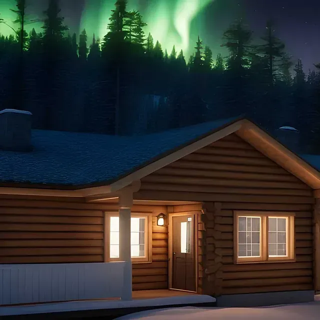 Gemütliche Hütte mit beleuchteten Fenstern unter einem dunklen Himmel mit grünem Polarlicht und verschneitem Vordergrund.