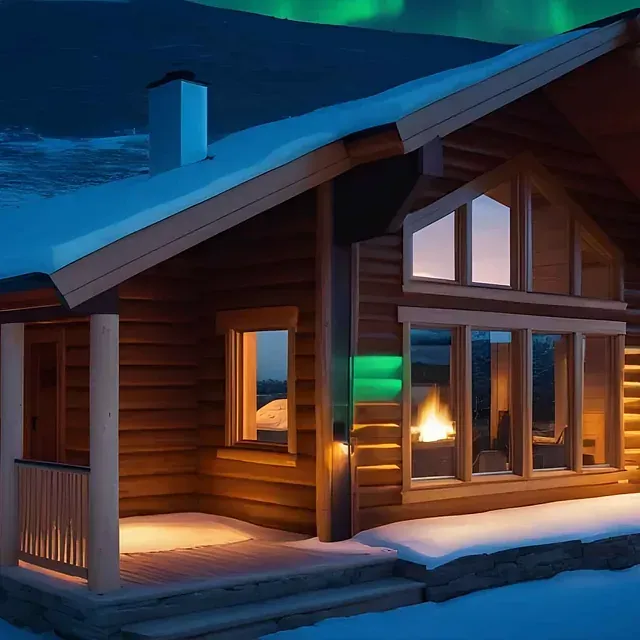 Holzhütte mit schneebedecktem Dach, beleuchteten Fenstern und einem Kamin unter dem Nordlicht.